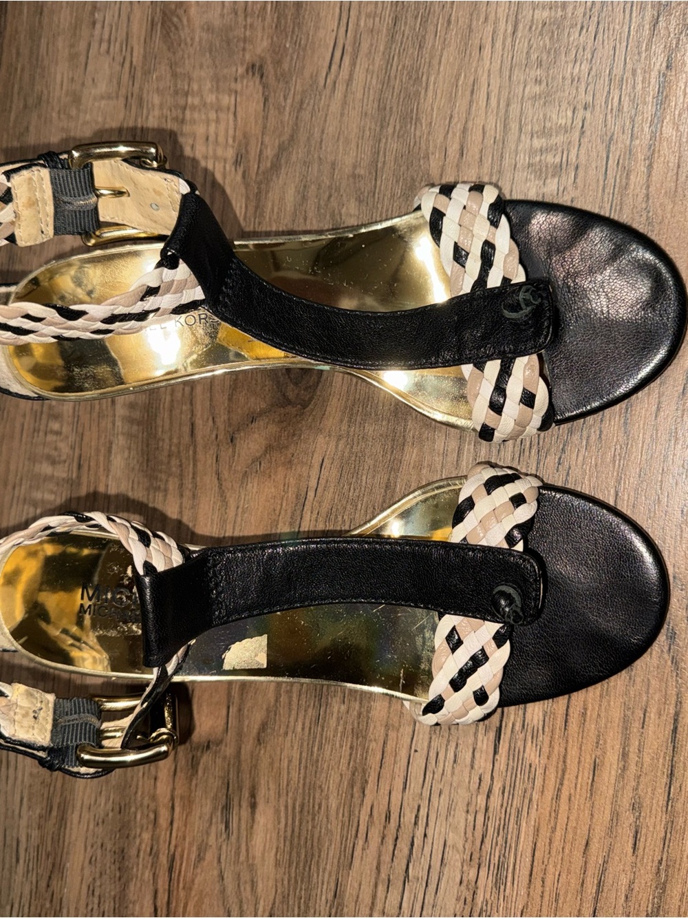MICHAEL Michael Kors Black and Cream Braided T-Strap Sandals